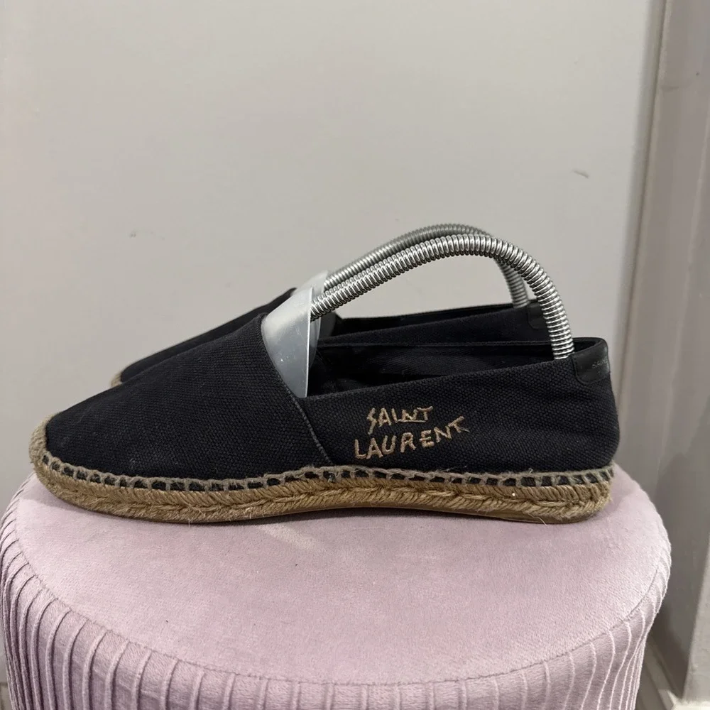 Saint Laurent Cassandre Black Canvas Espadrille Flats Womens Size 8-8.5